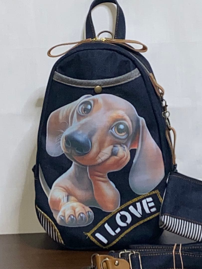 男女兼用☆岡山デニム☆ダックス☆ステンシル♪リュックorワンショルダーバッグ