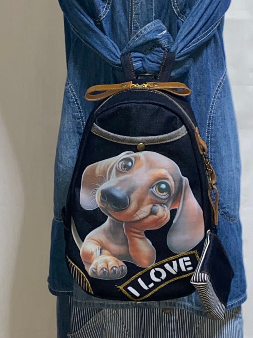 男女兼用☆岡山デニム☆ダックス☆ステンシル♪リュックorワンショルダーバッグ