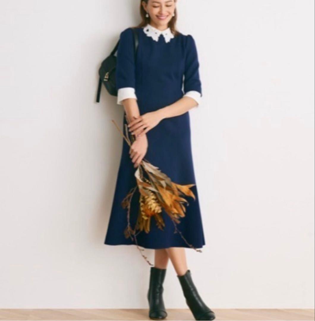 美品　セルフォード エンブロイダリーカラーワンピース　付け襟　ネイビー