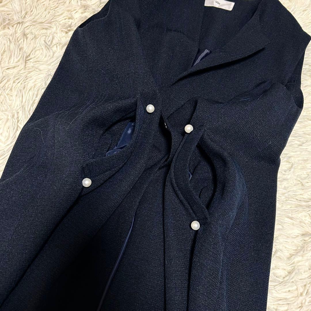 高級 Vin 手洗い可 ポイント　パール　ジレ ヤマダヤ　ネイビー　紺 着用感L