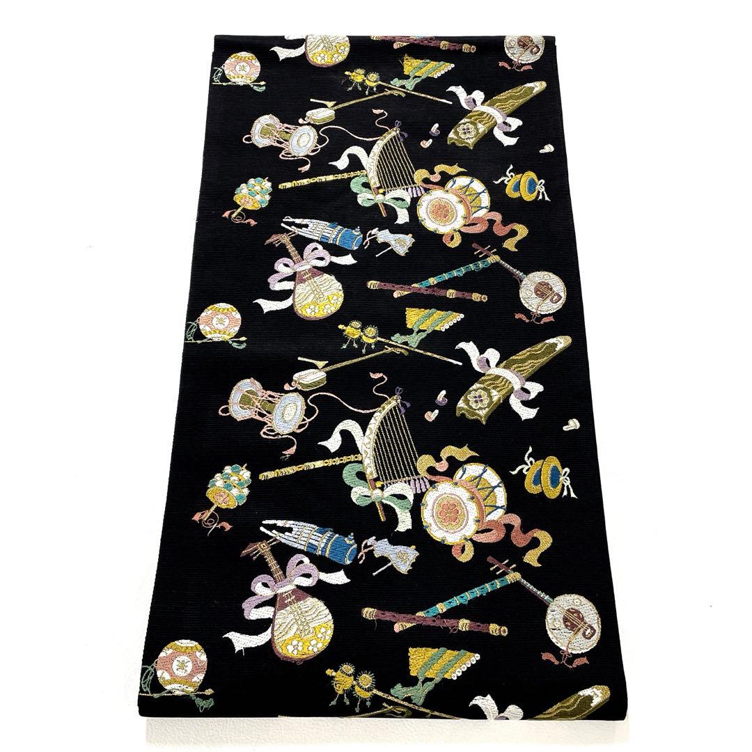 帯5956 ●山下織物謹製 高級 正絹 雅楽器集め 六通 袋帯