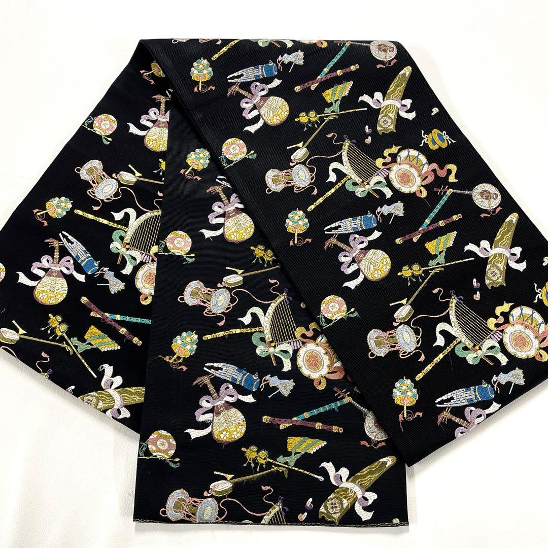 帯5956 ●山下織物謹製 高級 正絹 雅楽器集め 六通 袋帯