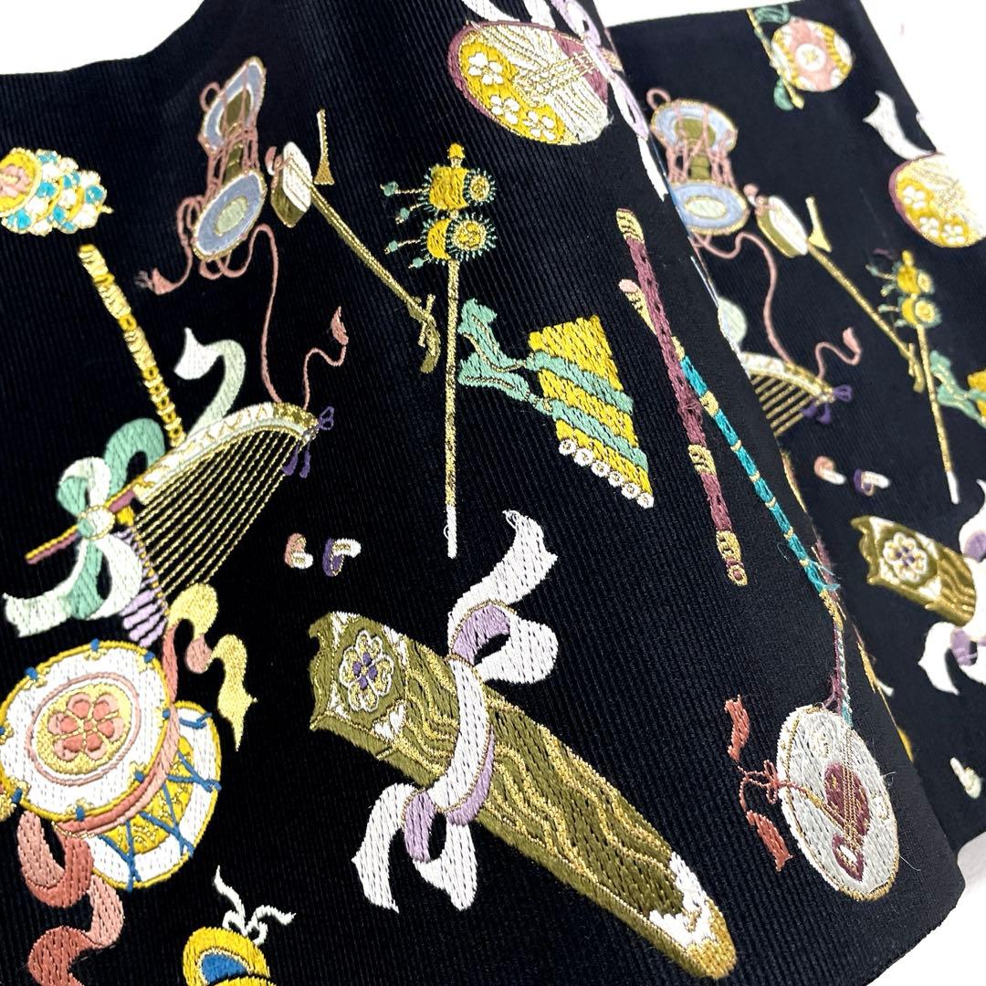 帯5956 ●山下織物謹製 高級 正絹 雅楽器集め 六通 袋帯