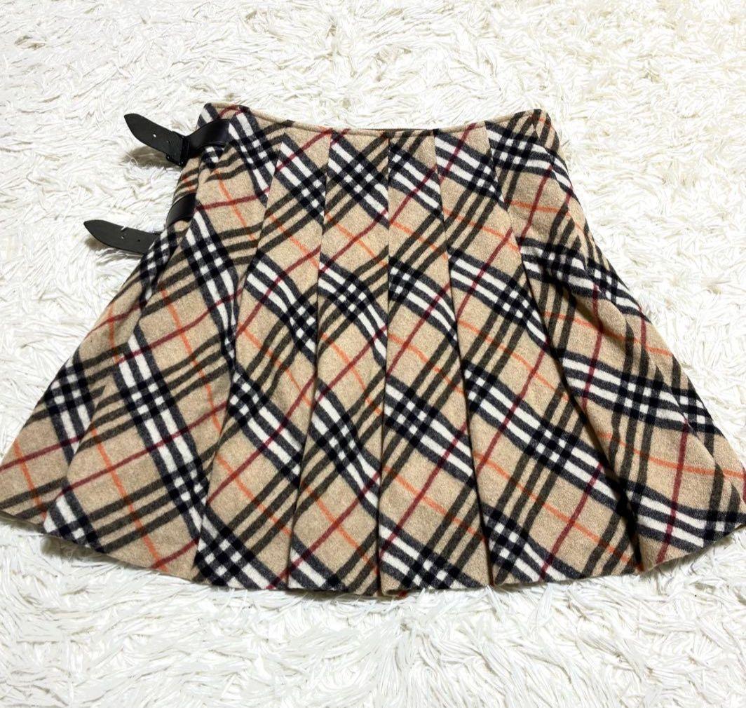 バーバリーブルーレーベル カシミヤ混 ノバチェック プリーツ フレアミニスカート