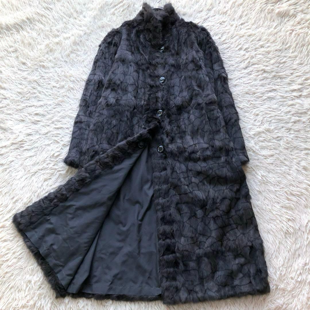 【超ロング】毛皮コート　ブルーパープル　ラビット　リバーシブル　シルク　総柄模様