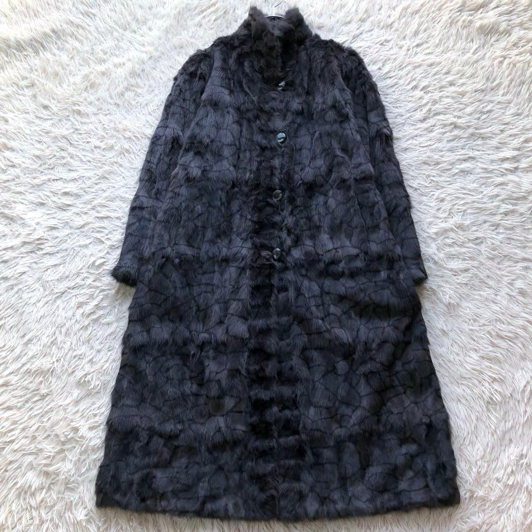 【超ロング】毛皮コート　ブルーパープル　ラビット　リバーシブル　シルク　総柄模様
