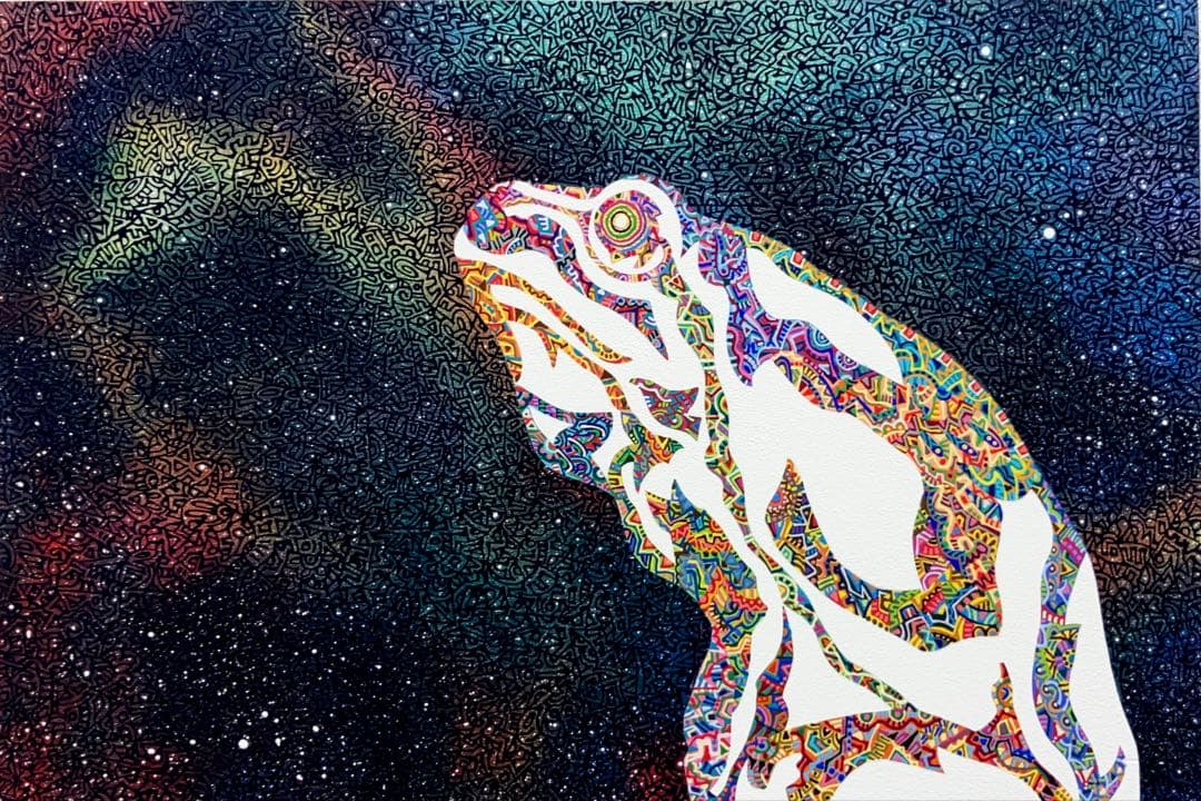 原画　蛙　動物画　絵画　アクリル画　現代アート　細密画　手描き　一点物