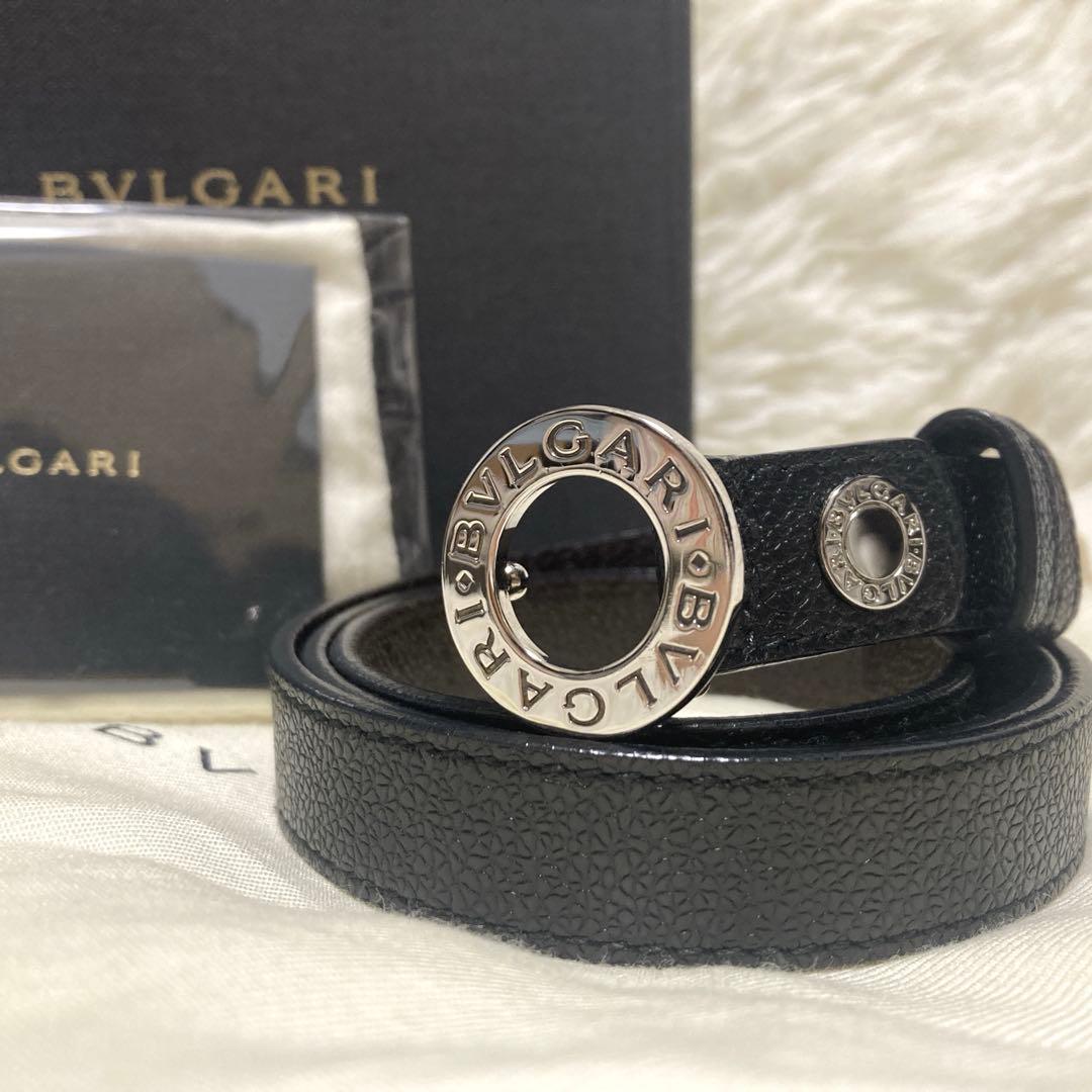 美品✨BVLGARI サークル　ロゴバックル　ベルト　黒　レザー　93cm