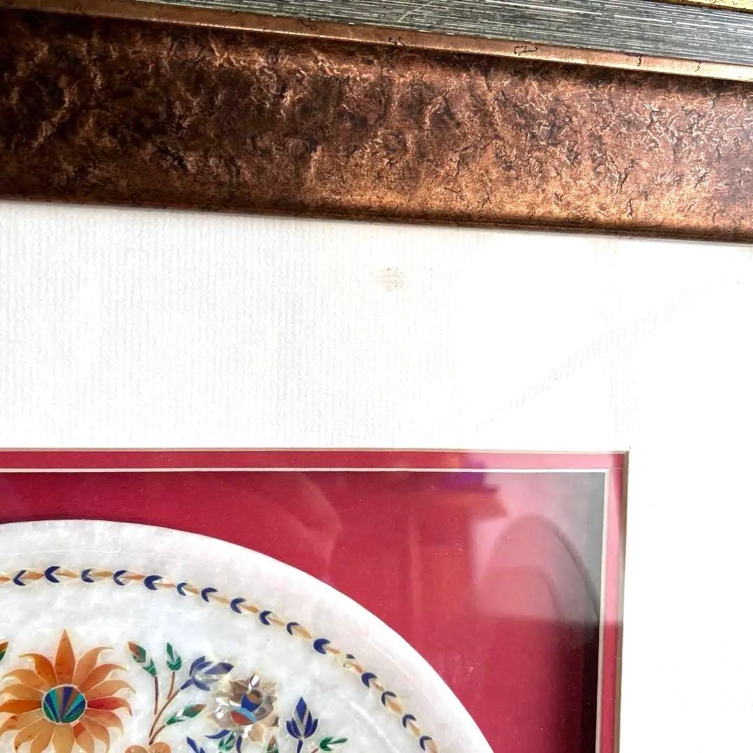 インド　大理石　象嵌細工 螺細　飾り皿　額装