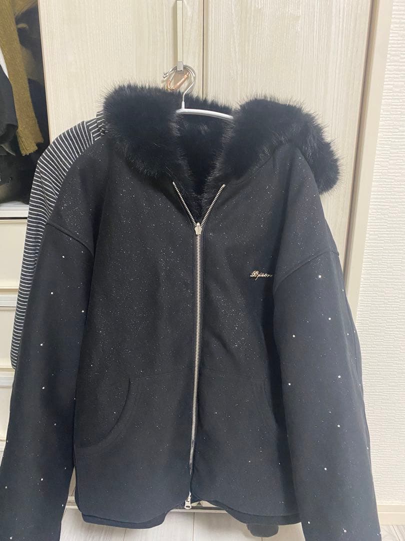 ANDWANG kirakira 2way fur zip up black 黒