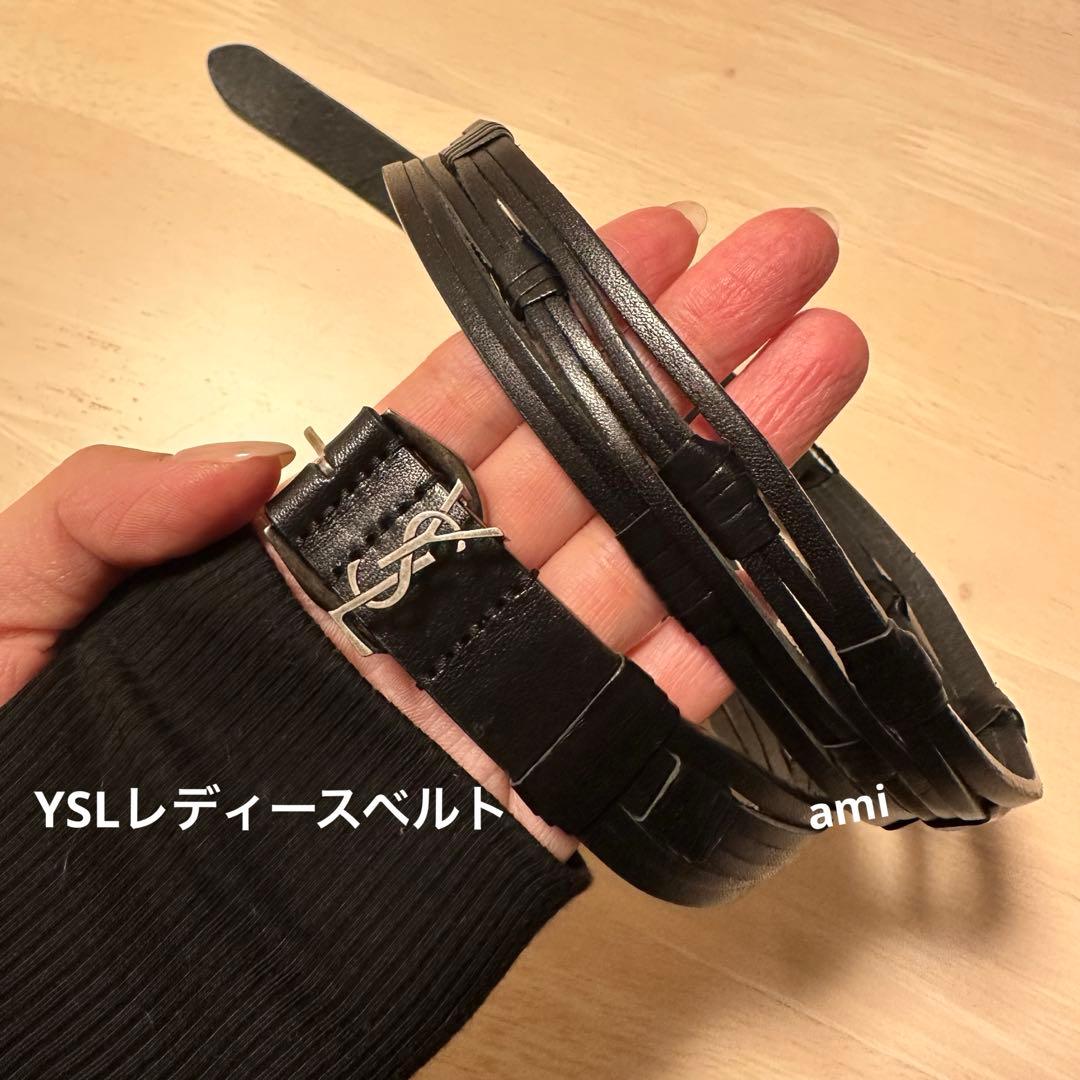 YSL ブラックレザー ベルト シルバーのバックル