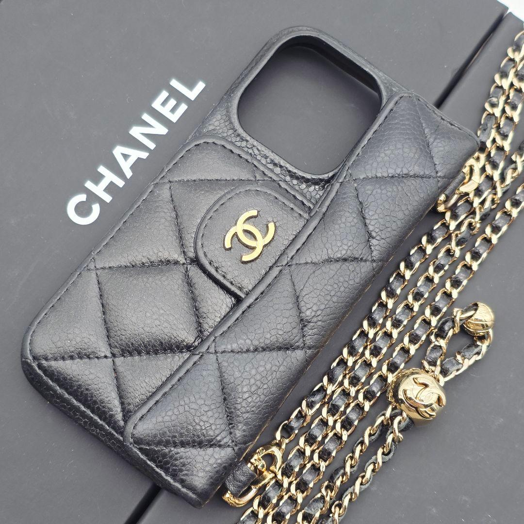 箱付き✨CHANEL iphone14proケース マトラッセ チェーン レザー