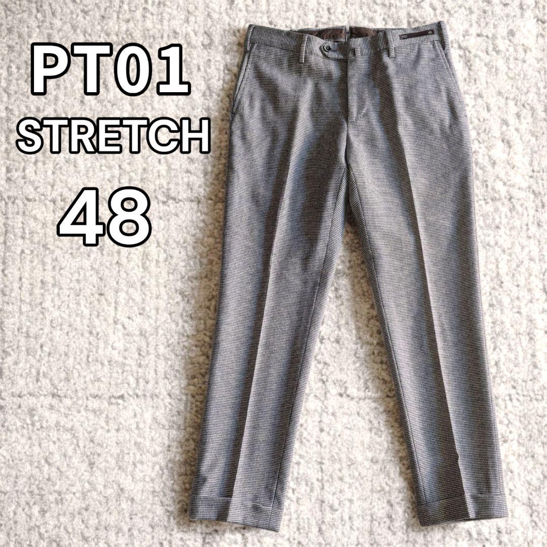 美品 PT01 千鳥格子 ストレッチ 秋冬ウール スラックス 48 ネイビー