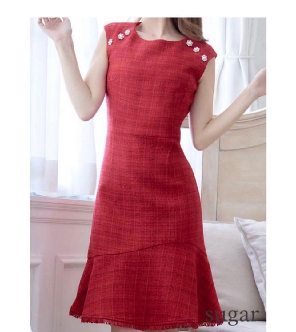 ERUKEI エルケイ/ビジュー付きツイードフレアワンピースドレス/赤