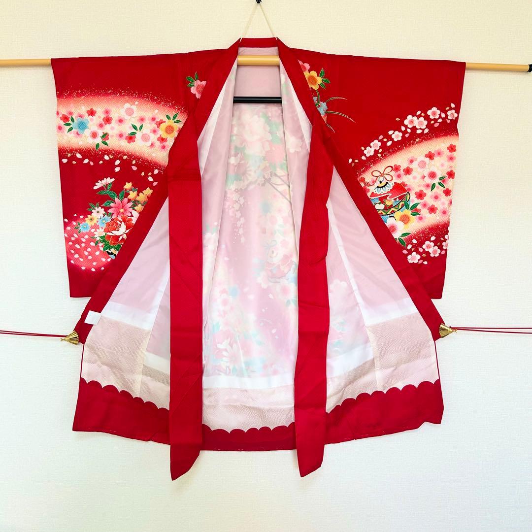 着物　お宮参り　産着　祝着　赤　花車　鈴　四季草花　女の子　襦袢付き