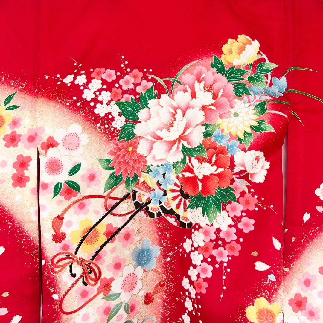 着物　お宮参り　産着　祝着　赤　花車　鈴　四季草花　女の子　襦袢付き