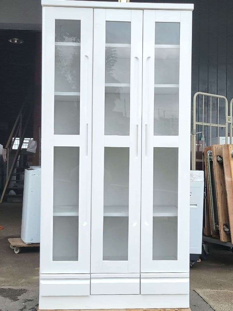 日本製 ガラス扉付き 大型食器棚 キャビネット ホワイト