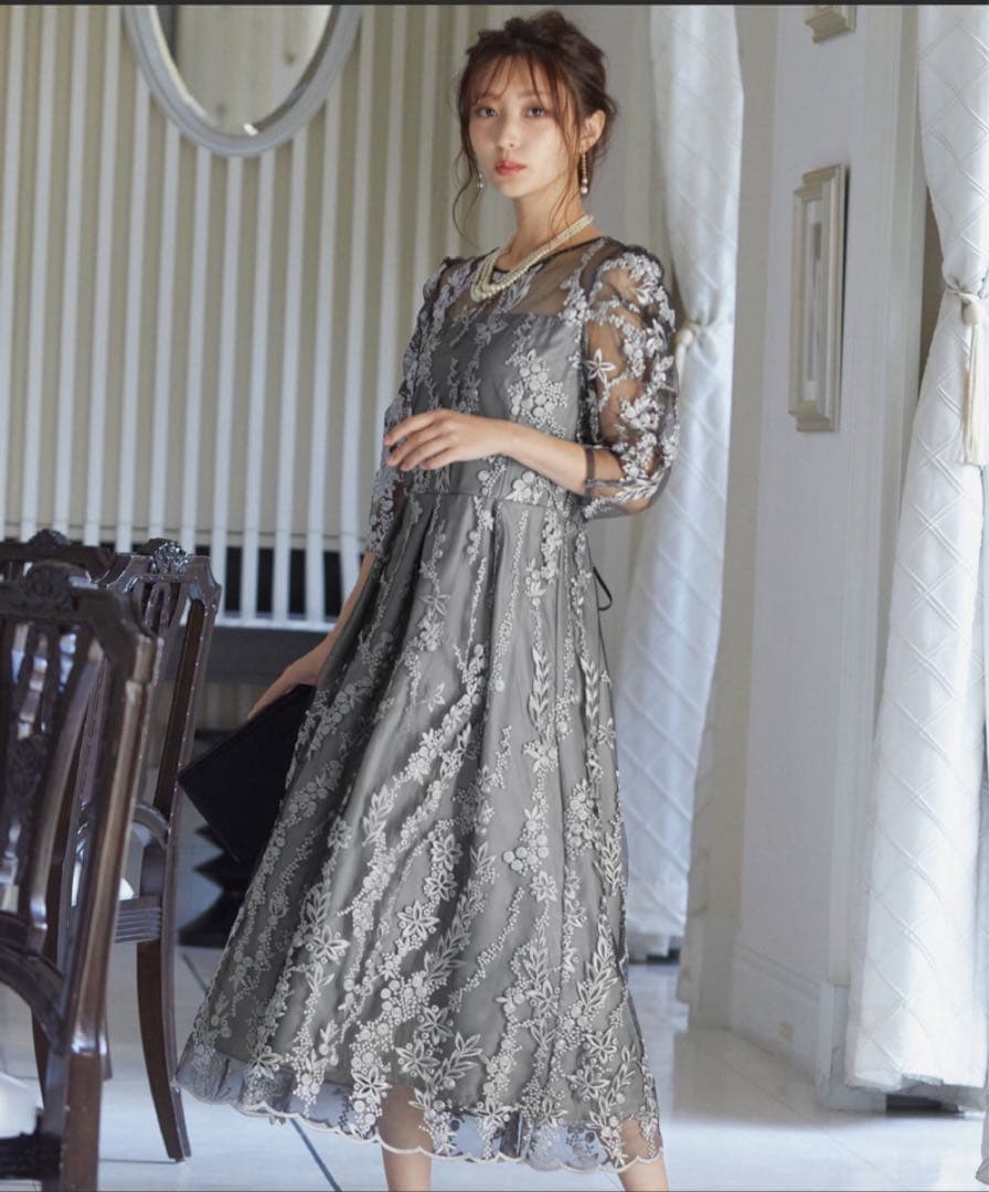 刺繍レース バックリボン パーティードレス