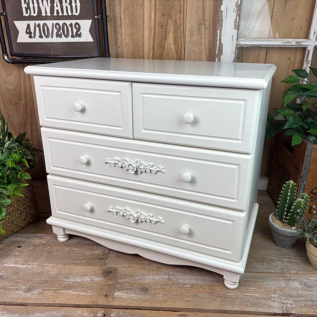 訳あり品！【93】フレンチ調ホワイトチェスト三段四つ引き木製収納家具姫系タンス