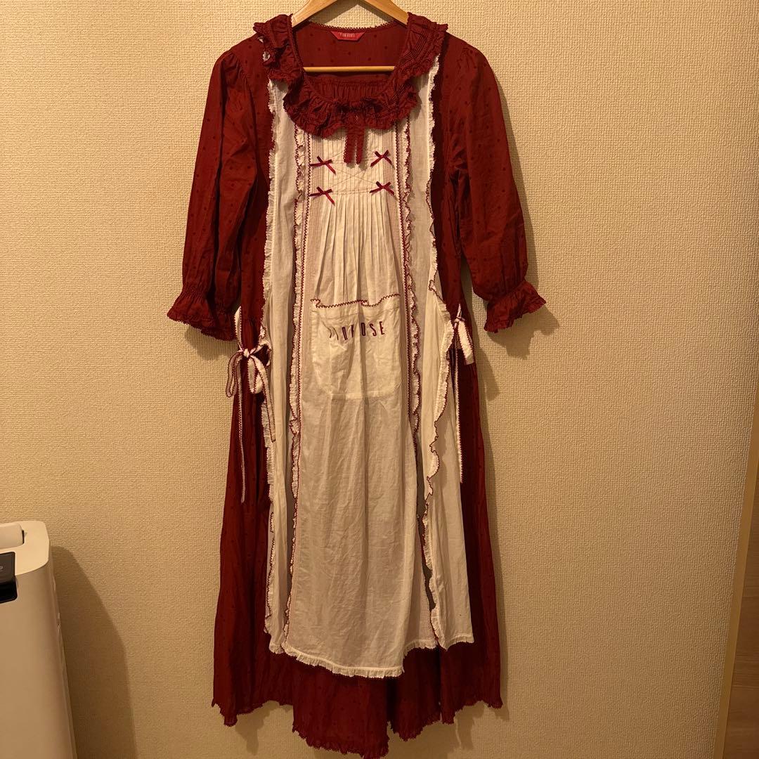 ピンクハウス 赤いフリルエプロンロングワンピース エプロン付き