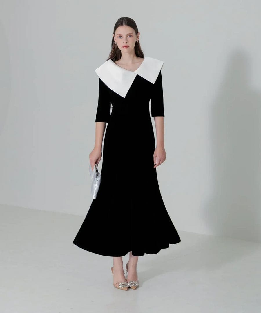 【美品】Leja Sアシンメトリービッグカラー ベロア マーメイドドレス 結婚式