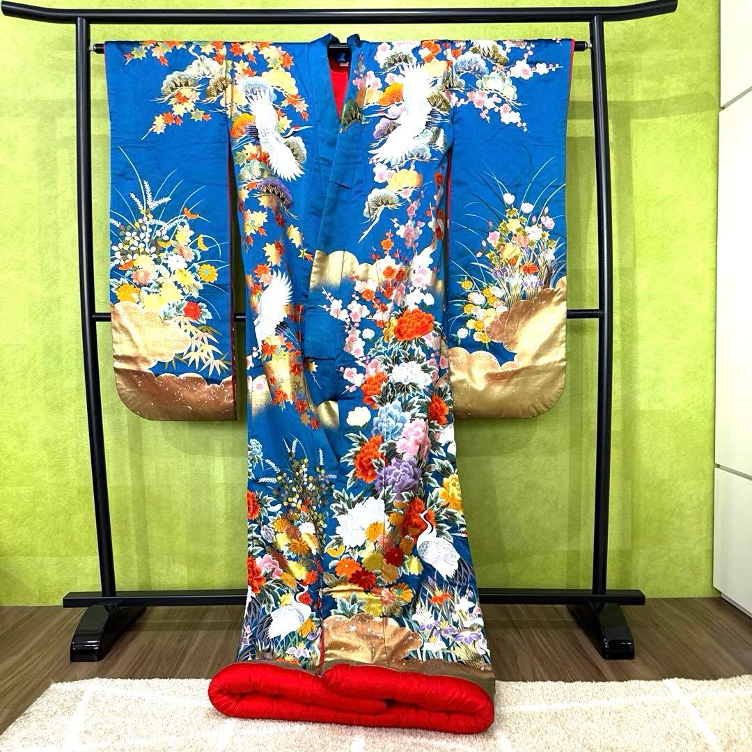 青色 鶴と花の刺繍 色打掛