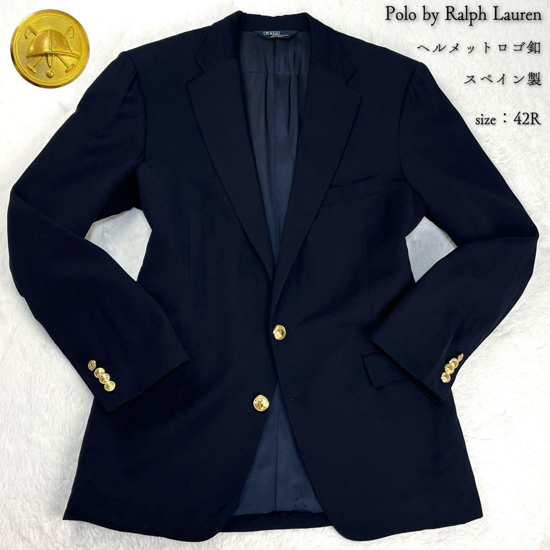 極希少 スペイン製 ポロ ラルフローレン 紺ブレ ヘルメットロゴ 金ボタン 42