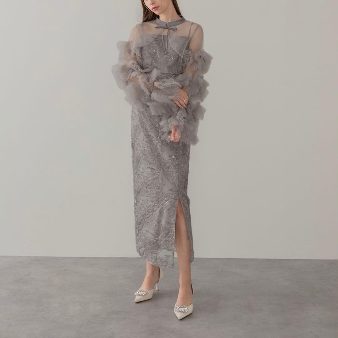 leja フリルチュールスリーブリボンIラインワンピースドレス