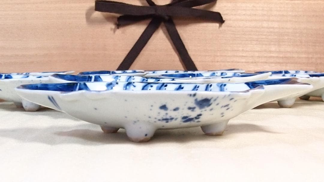 【未使用】高橋芳宣 染付魚型向付 7客 魚文向附 銘々皿/菓子皿 茶道具 食器