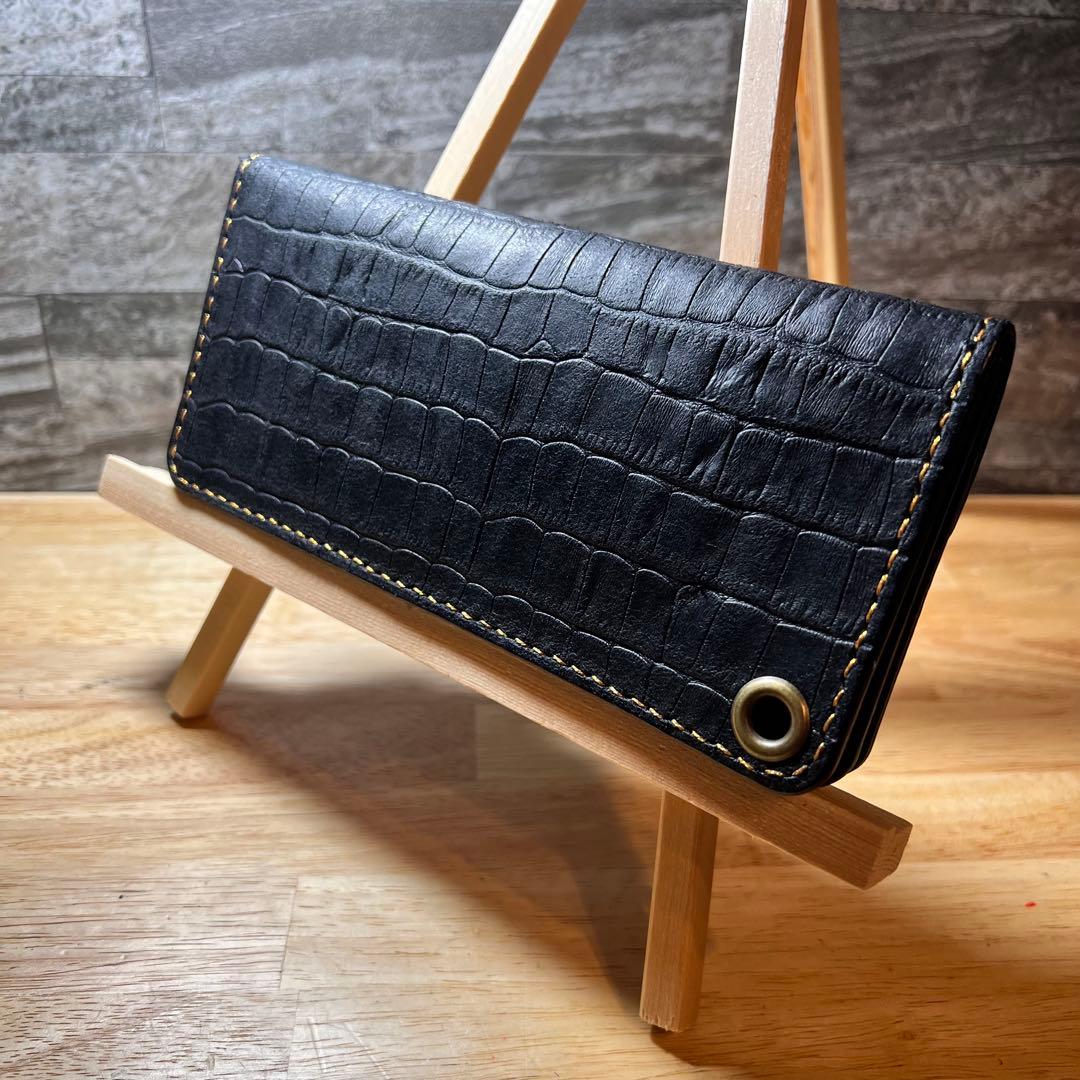 ロングトラッカー 財布 黒 国産ロロマ革 クロコ型押 手縫い　テンダーロイン　風