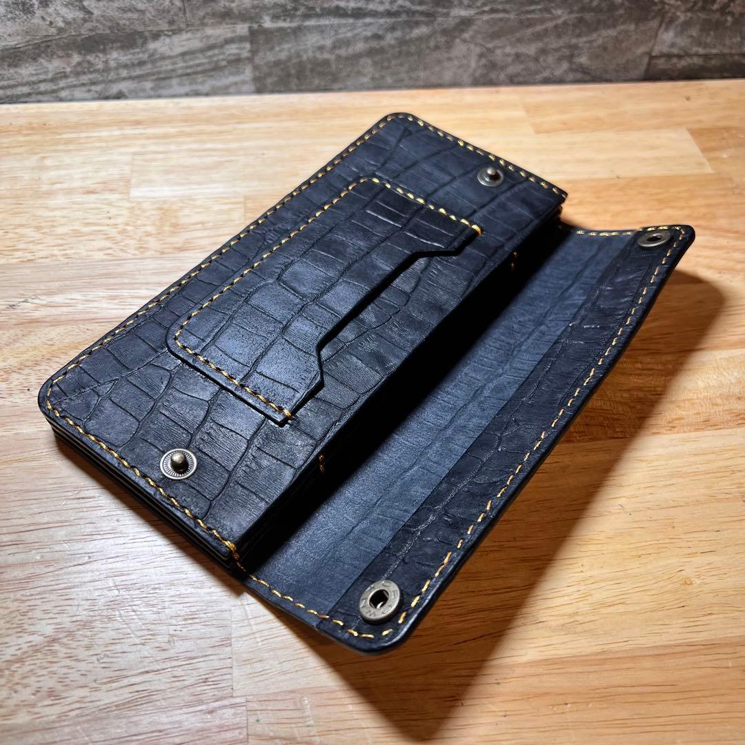 ロングトラッカー 財布 黒 国産ロロマ革 クロコ型押 手縫い　テンダーロイン　風