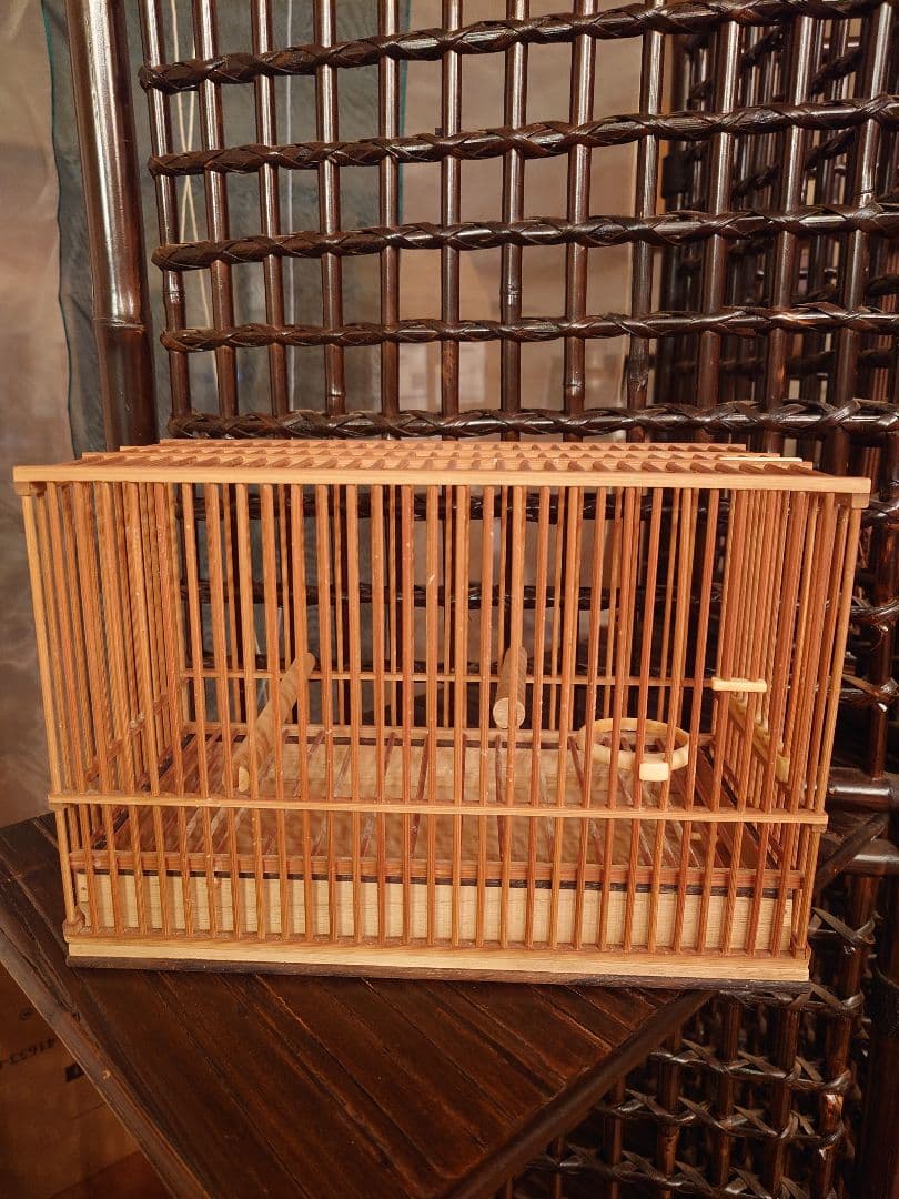 鳥かご メジロ籠　象牙調留具　竹　黒柿　二個セット