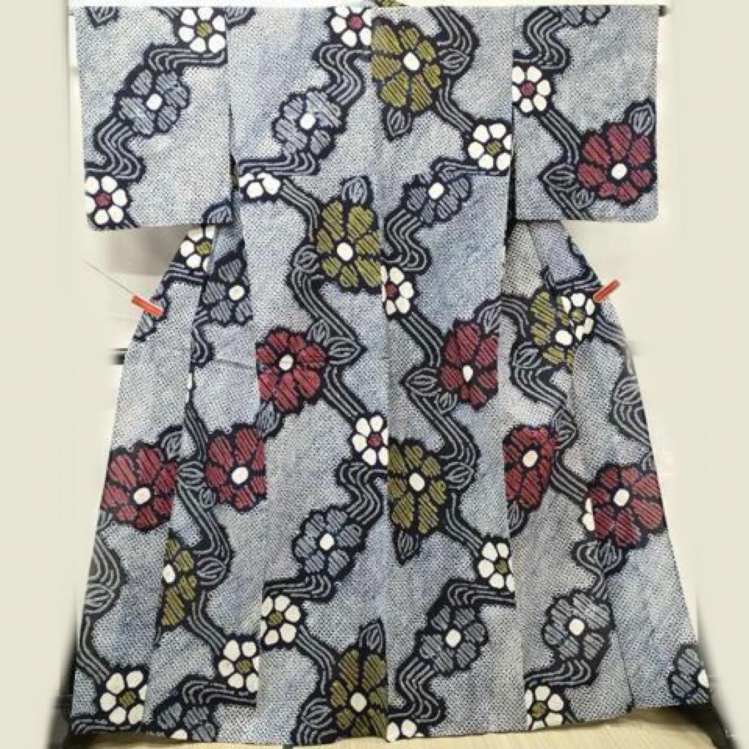 有松絞り　浴衣　トールサイズ　紺地　花文様　流水　三浦絞り
