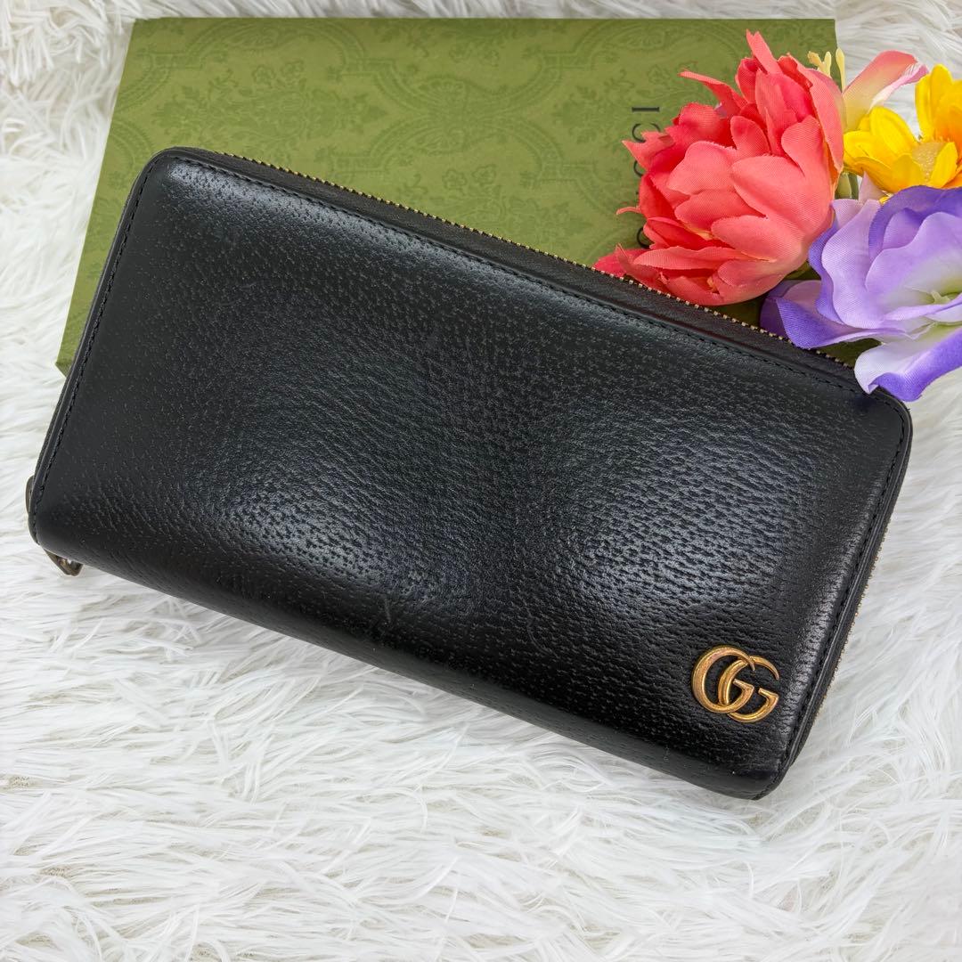 美品✨グッチ　長財布　ラウンドファスナー　GGマーモント　シボ革　ブラック