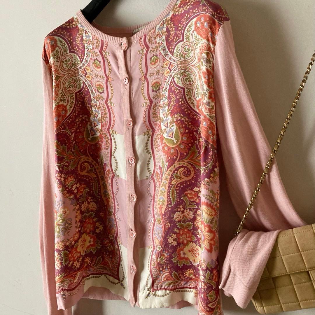 エトロ ＊上質スカーフ柄シルクサテン クルーネックゆるいニットカーディガン