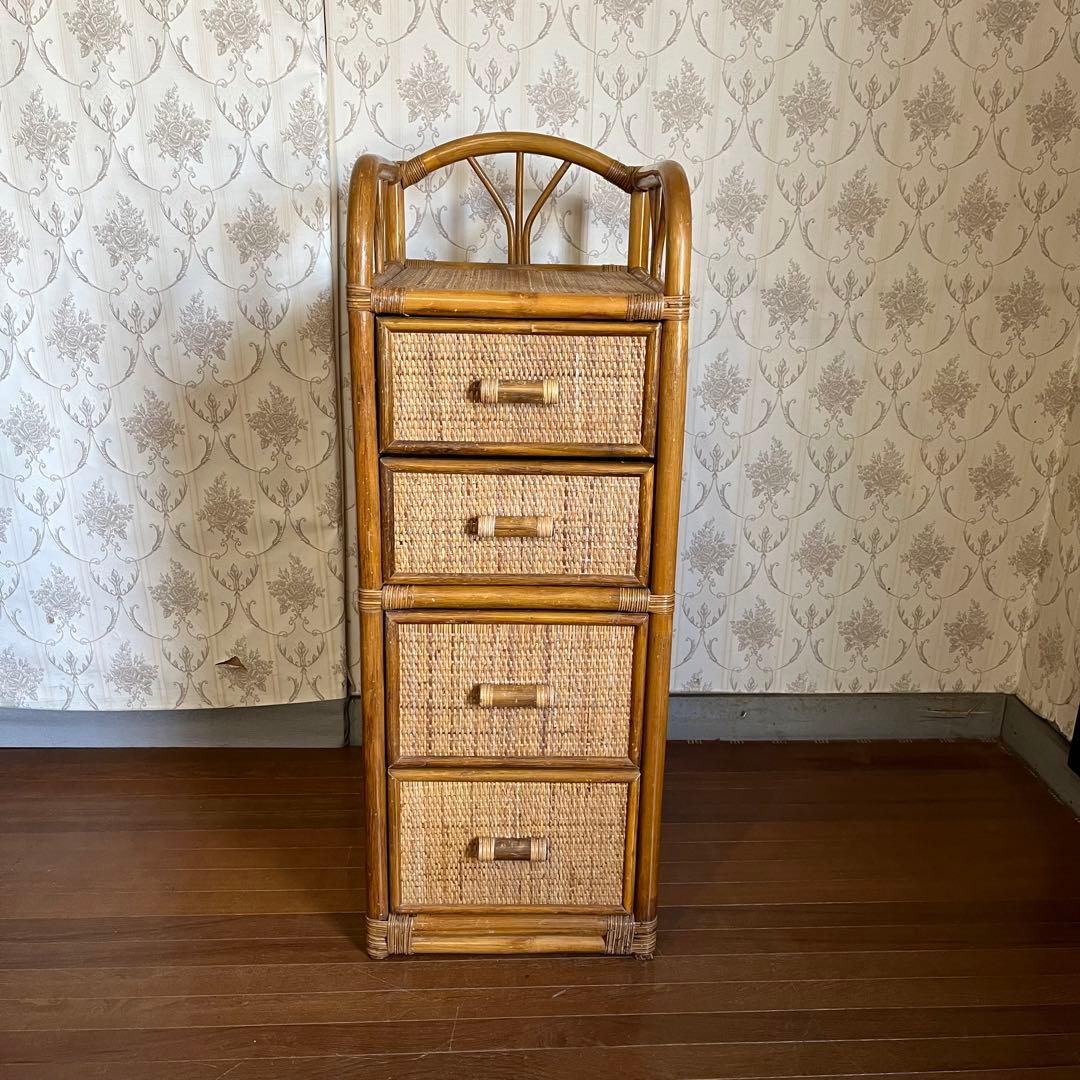 【アンティーク】籐 ラタン 4段 チェスト 収納棚 ランドリーラック 古道具