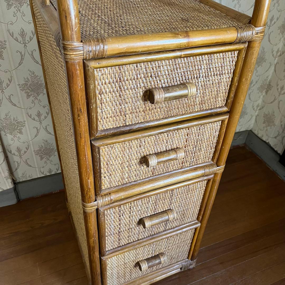【アンティーク】籐 ラタン 4段 チェスト 収納棚 ランドリーラック 古道具