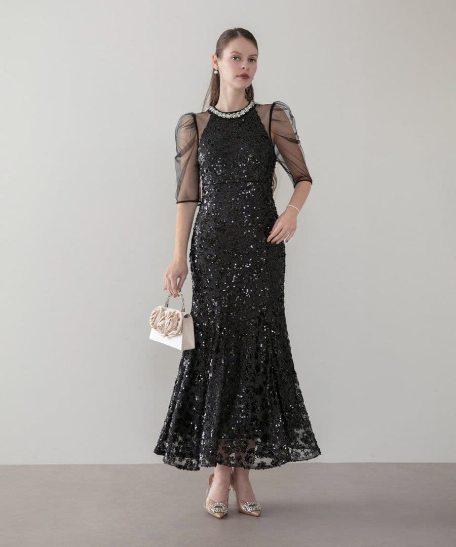 【新品タグ付】LEJA ビジューネックスパンコールシアーマーメイドワンピース