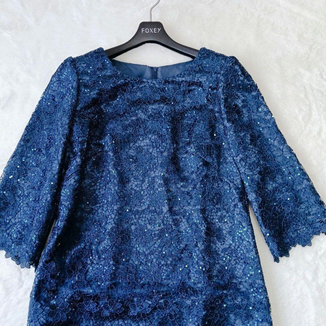 極美品　SOIR DOLCE　マザーズドレス　9号　紺　総レース　スパンコール