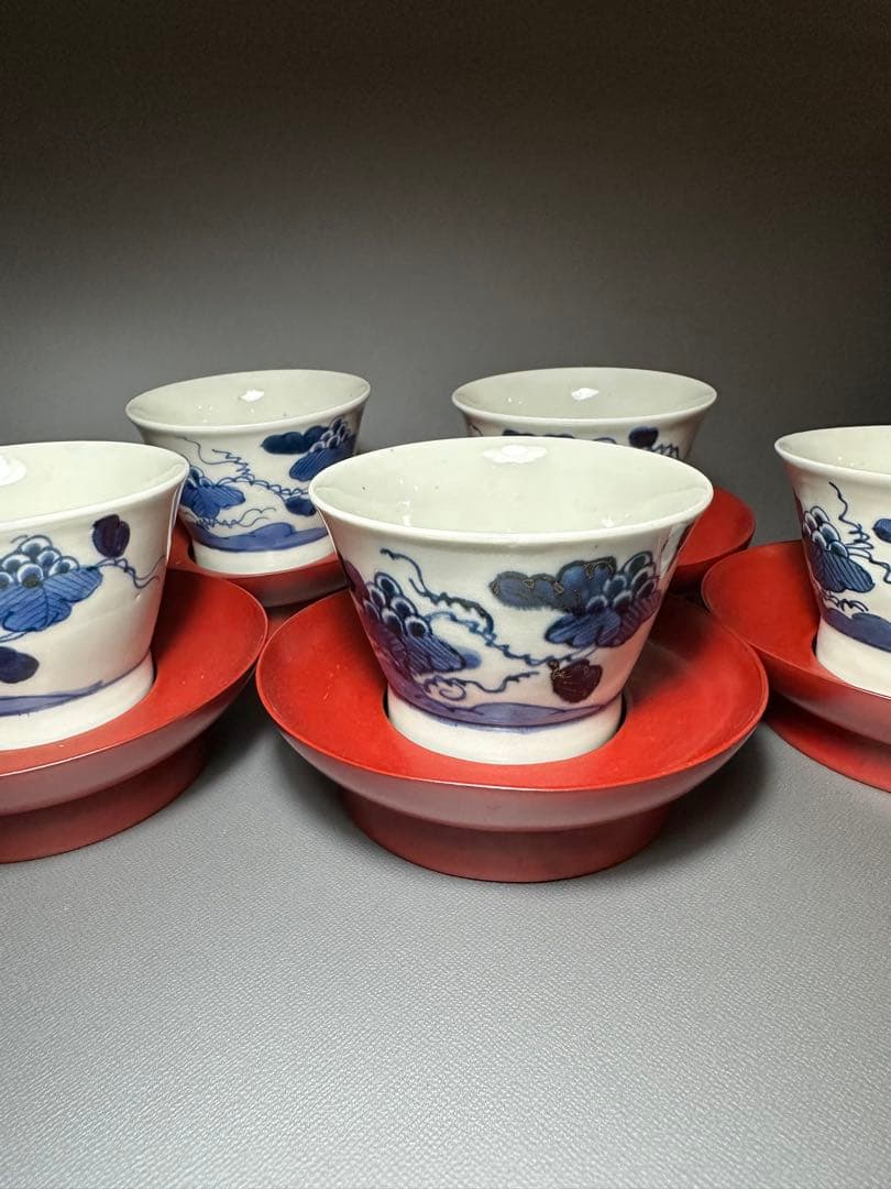 古伊万里　蝶　葡萄紋様　さそば猪口　輪島塗　茶托　5客セット　染付　朱漆