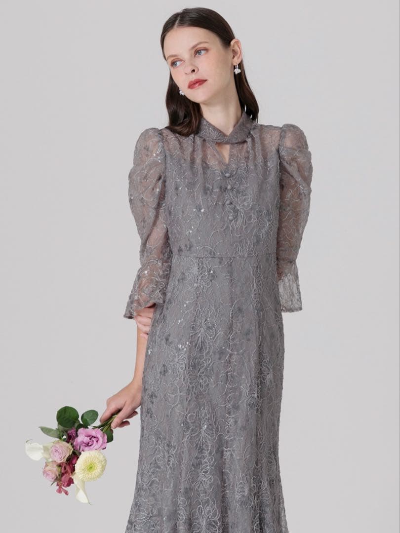 スパンコール花柄パフスリーブマーメイドワンピースドレス結婚式成人式パーティー