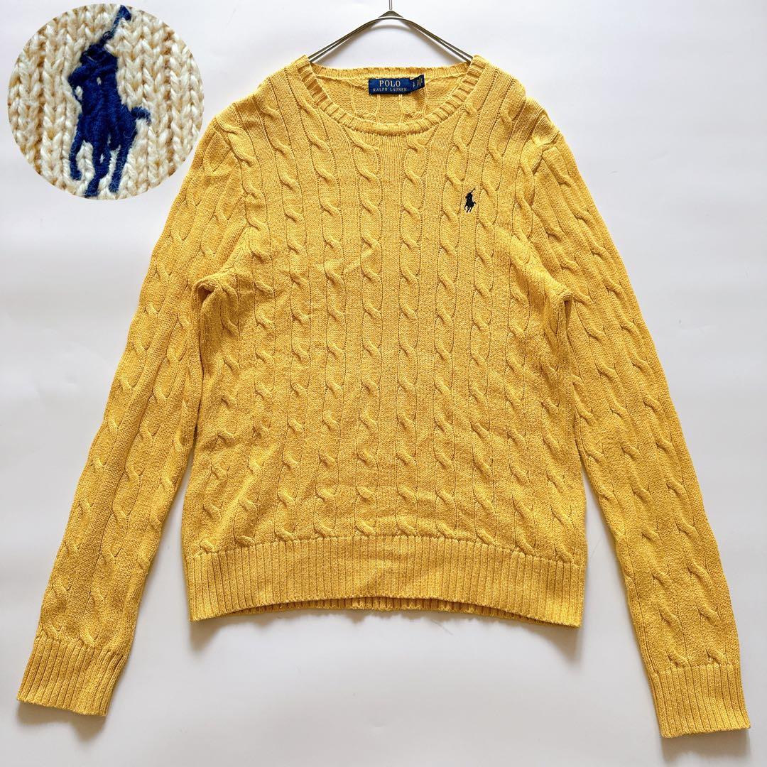 定番✨️ポロラルフローレン クルーネックケーブルニット ポニー イエロー S