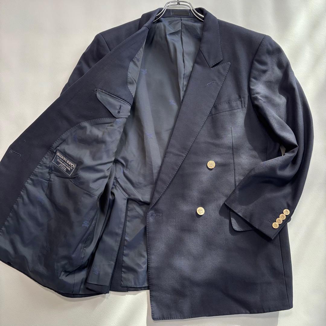 バーバリー 紺ブレ 金ボタン ダブルテーラードジャケット M タスマニアンウール