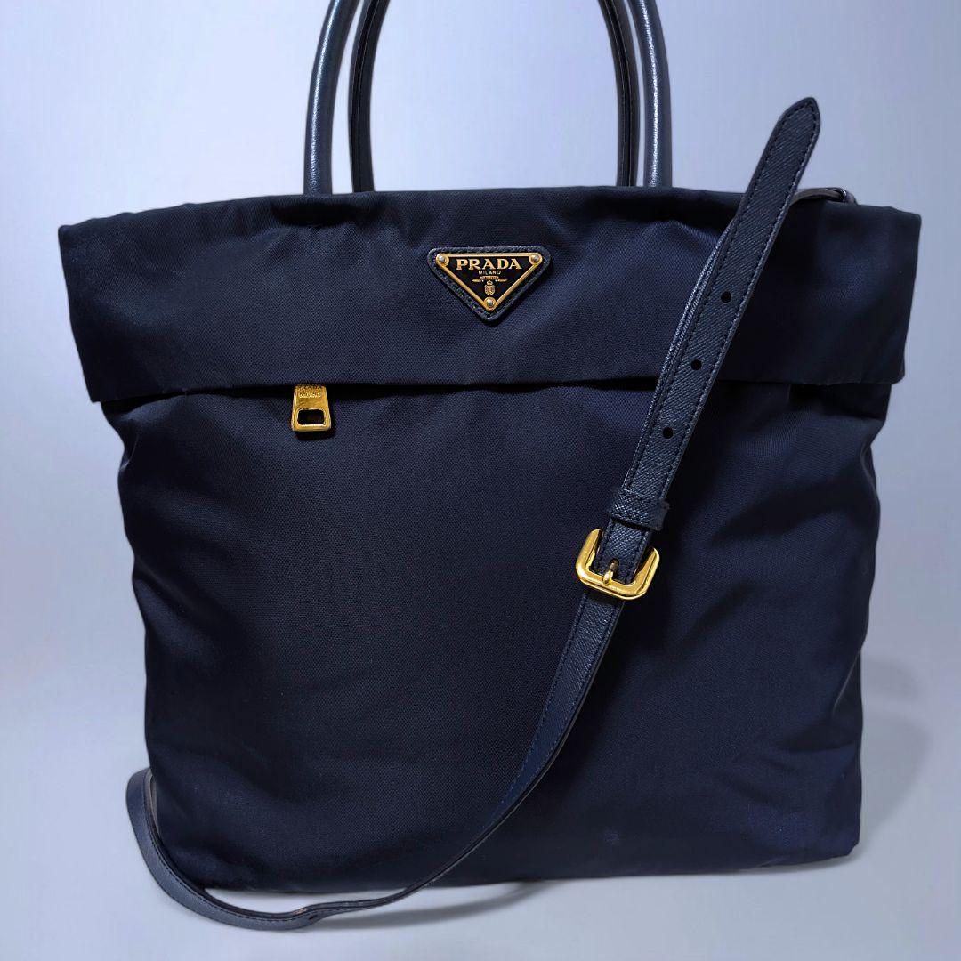 極美品 PRADA ショルダーバッグ 斜め掛け ハンドバッグ ナイロン ネイビー