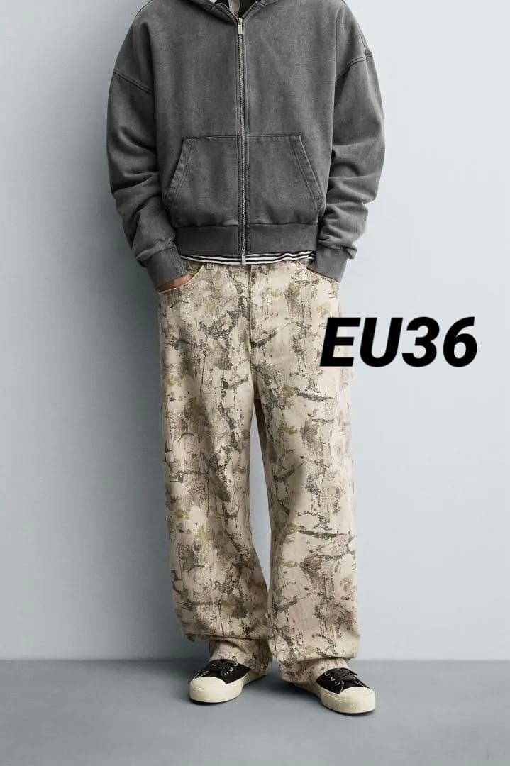 ZARA アブストラクト柄バギーフィットカーペンターパンツ EU36 jp29