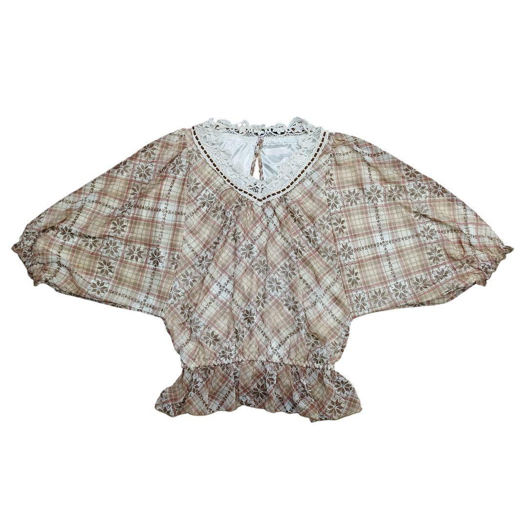 リズリサ バルーンスリーブ チェック ブラウン チュニック 姫カジ Y2K 古着