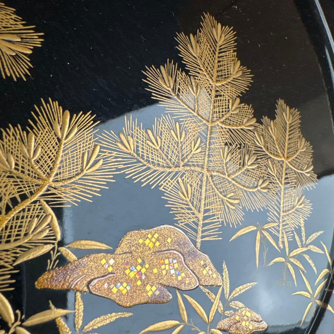 木製　時代　漆器　黒塗　高杯型　菓子器　梨地 松蒔絵　高月　共箱