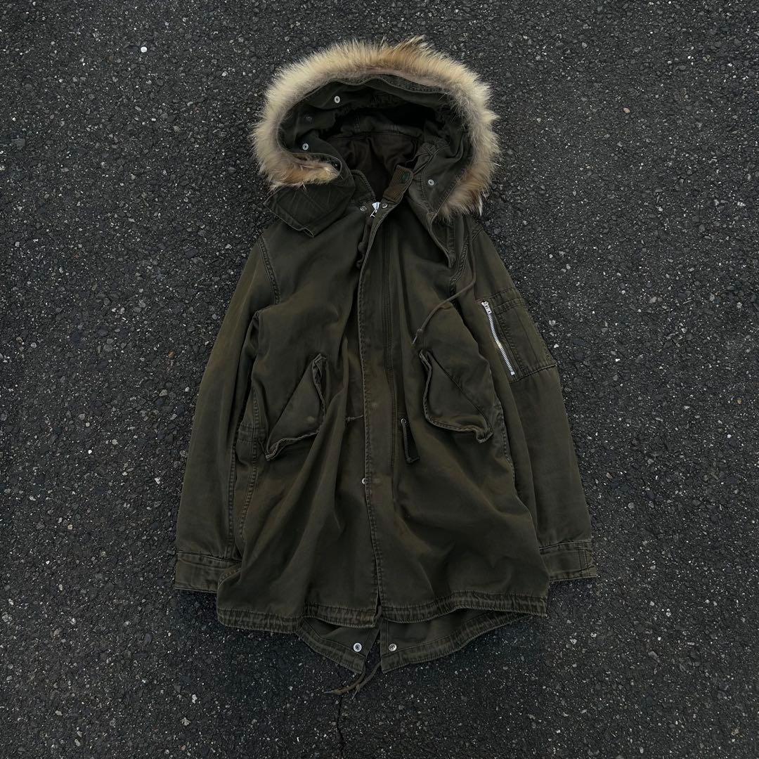 ダブルジップ グランジ ファー付きモッズコート ミリタリー アメカジ