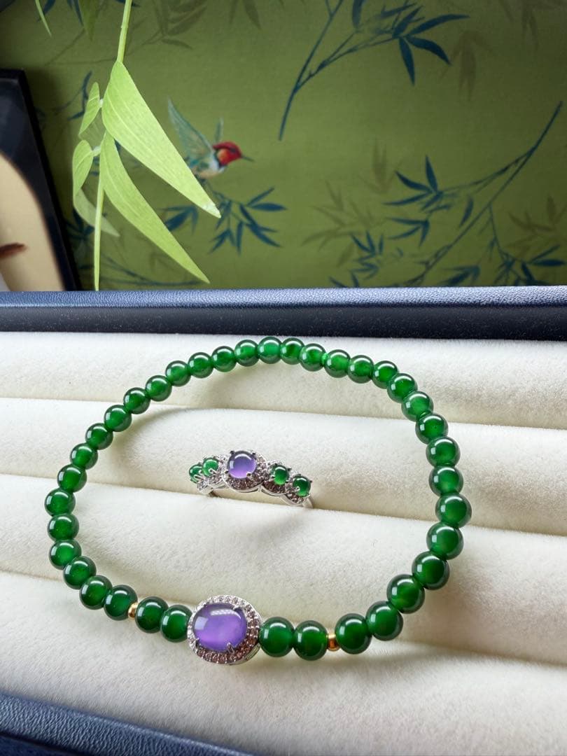 限定1点‼️ 貴重、希少品‼️18kビーズ入りロウカン質極上氷陽緑翡翠ブレス＆リング