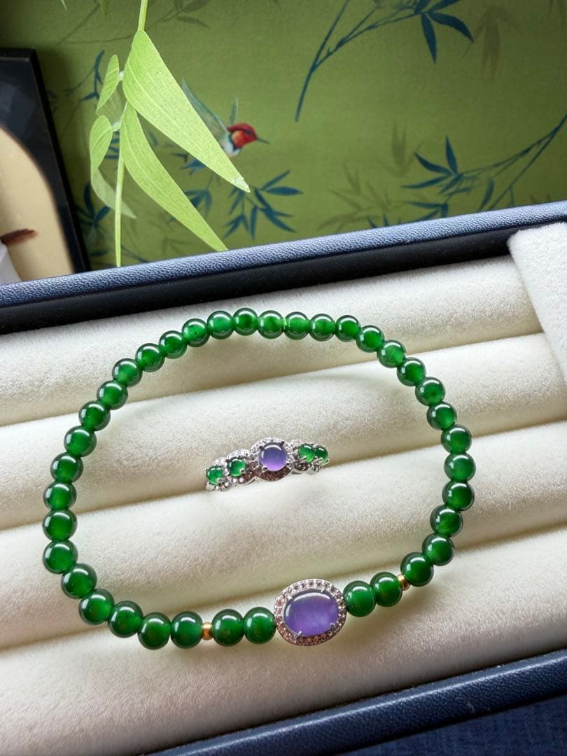 限定1点‼️ 貴重、希少品‼️18kビーズ入りロウカン質極上氷陽緑翡翠ブレス＆リング